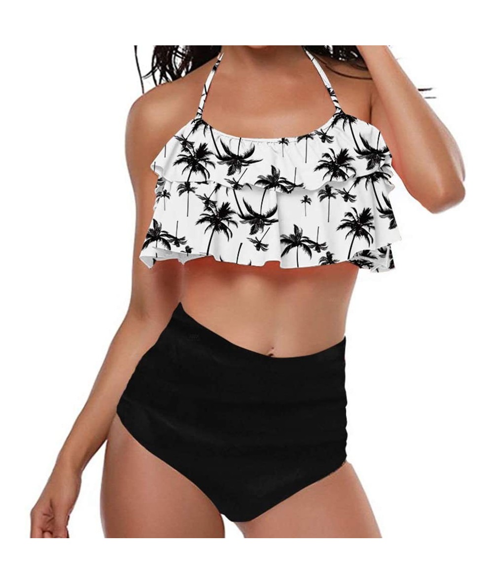 Sets Women Two Piece Flounce Bikini Set Ruffle Polka Dot Halter Swimsuits Bathing Suit (Black&White S(US2 4)) Black&white - C...