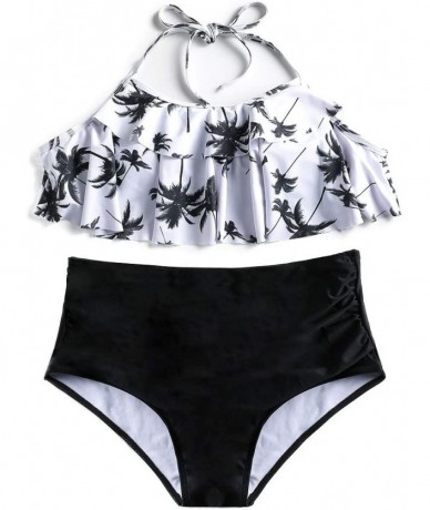 Sets Women Two Piece Flounce Bikini Set Ruffle Polka Dot Halter Swimsuits Bathing Suit (Black&White S(US2 4)) Black&white - C...