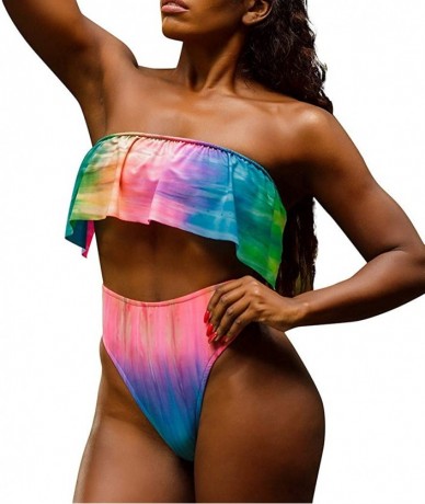 Sets Women Bikini Set 2 Piece Bandeau Bikini Tie Dye Color Block Bathing Suit Off Shoulder Swimwear Ruched High Waist Bottom ...