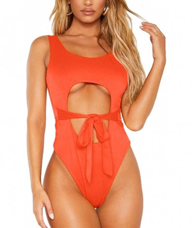 One-Pieces Womens Sexy Cutout Strappy Tie Front High Cut Monokini One Piece Swimsuit - Orange - CB193OLR8ZK $36.38