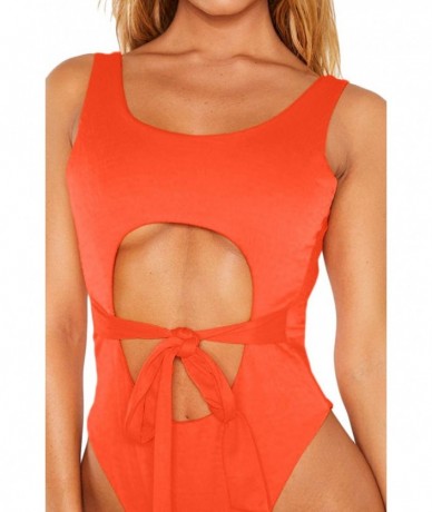 One-Pieces Womens Sexy Cutout Strappy Tie Front High Cut Monokini One Piece Swimsuit - Orange - CB193OLR8ZK $36.38