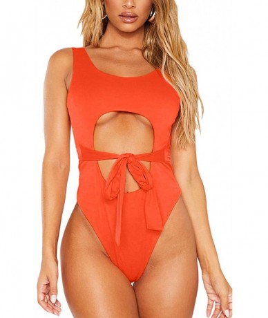 One-Pieces Womens Sexy Cutout Strappy Tie Front High Cut Monokini One Piece Swimsuit - Orange - CB193OLR8ZK $36.38