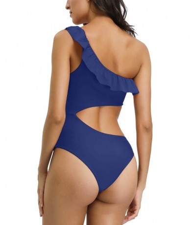 One-Pieces Women's Ruffle One Shoulder Cut Out High Waisted One Piece Swimsuit Bathing Suit - Blue - CD18SORM34Q $42.50