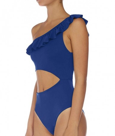 One-Pieces Women's Ruffle One Shoulder Cut Out High Waisted One Piece Swimsuit Bathing Suit - Blue - CD18SORM34Q $42.50