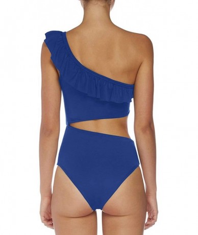 One-Pieces Women's Ruffle One Shoulder Cut Out High Waisted One Piece Swimsuit Bathing Suit - Blue - CD18SORM34Q $42.50