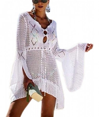 Cover-Ups Womens Lace Crochet Beach Dresses Swimwear Bikini Swimsuit Cover Up Beachwear - White-bellsleeve - CP18NL32823 $41.62