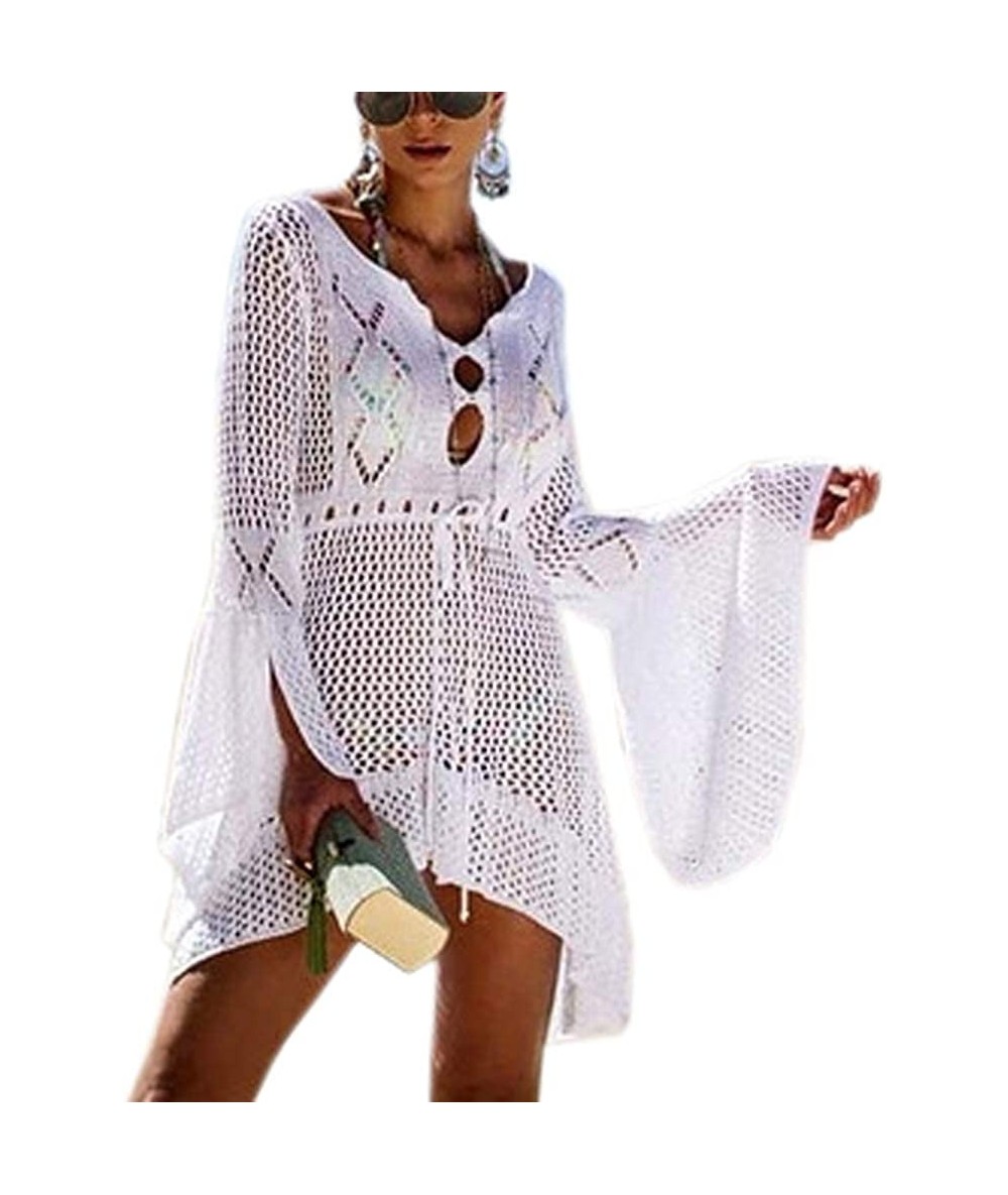 Cover-Ups Womens Lace Crochet Beach Dresses Swimwear Bikini Swimsuit Cover Up Beachwear - White-bellsleeve - CP18NL32823 $41.62