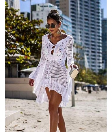 Cover-Ups Womens Lace Crochet Beach Dresses Swimwear Bikini Swimsuit Cover Up Beachwear - White-bellsleeve - CP18NL32823 $41.62