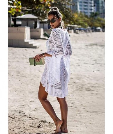 Cover-Ups Womens Lace Crochet Beach Dresses Swimwear Bikini Swimsuit Cover Up Beachwear - White-bellsleeve - CP18NL32823 $41.62