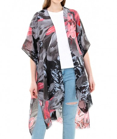 Cover-Ups Women's Kimono Lightweight Beach Cover Up Chiffon Cardigan Sun Protective Summer Dress Floral Blouse Beachwear - Bl...