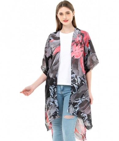 Cover-Ups Women's Kimono Lightweight Beach Cover Up Chiffon Cardigan Sun Protective Summer Dress Floral Blouse Beachwear - Bl...