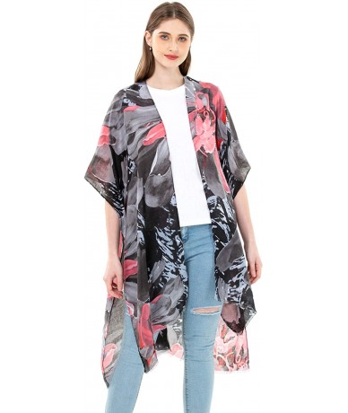 Cover-Ups Women's Kimono Lightweight Beach Cover Up Chiffon Cardigan Sun Protective Summer Dress Floral Blouse Beachwear - Bl...