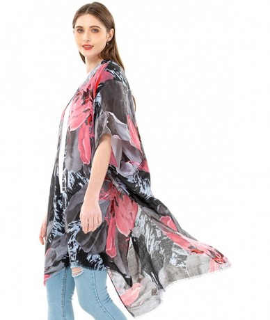 Cover-Ups Women's Kimono Lightweight Beach Cover Up Chiffon Cardigan Sun Protective Summer Dress Floral Blouse Beachwear - Bl...