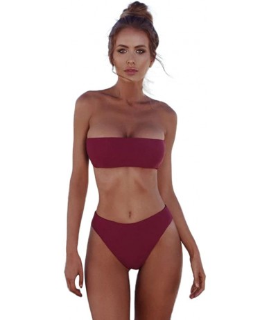 Sets Womens Bandeau High Waisted Solid Swimsuit Two Piece Bathing Suit Bikini Set - Wine Red - CJ1965D20L7 $17.92