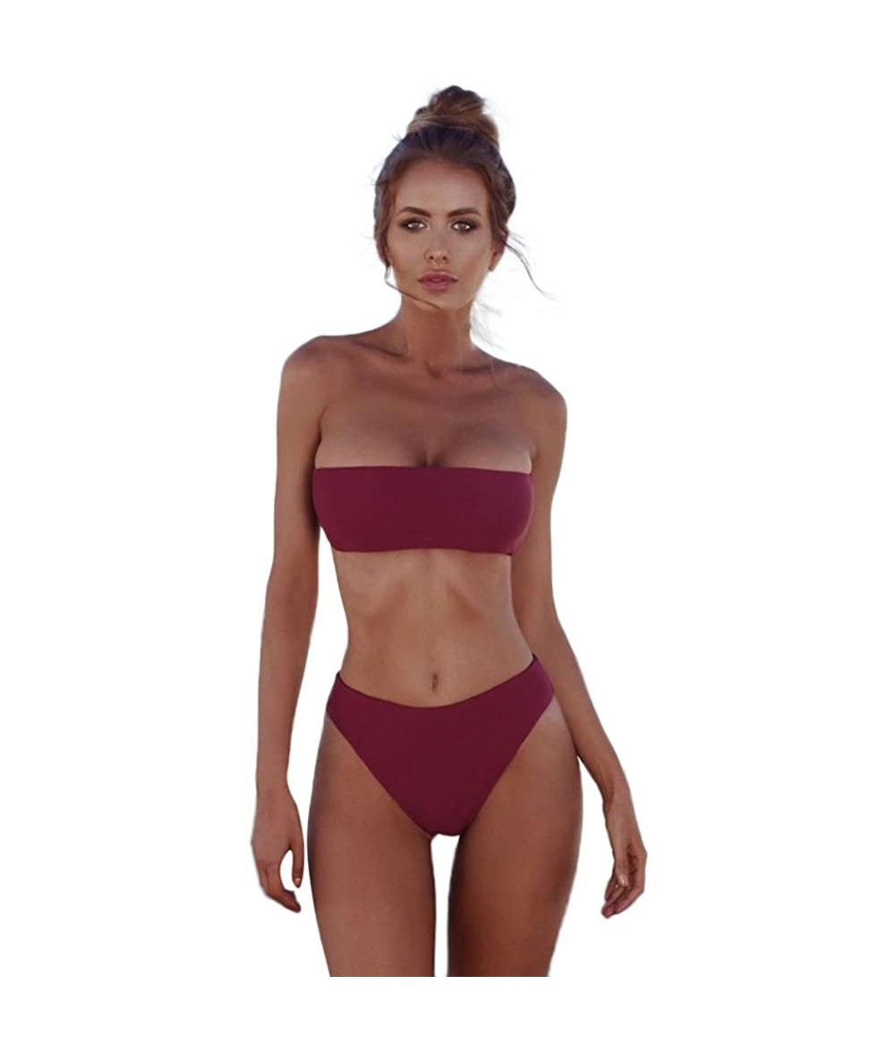 Sets Womens Bandeau High Waisted Solid Swimsuit Two Piece Bathing Suit Bikini Set - Wine Red - CJ1965D20L7 $17.92