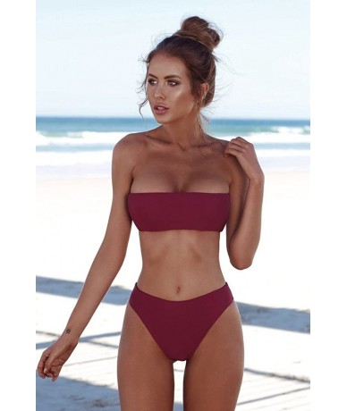 Sets Womens Bandeau High Waisted Solid Swimsuit Two Piece Bathing Suit Bikini Set - Wine Red - CJ1965D20L7 $17.92