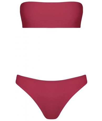 Sets Womens Bandeau High Waisted Solid Swimsuit Two Piece Bathing Suit Bikini Set - Wine Red - CJ1965D20L7 $17.92