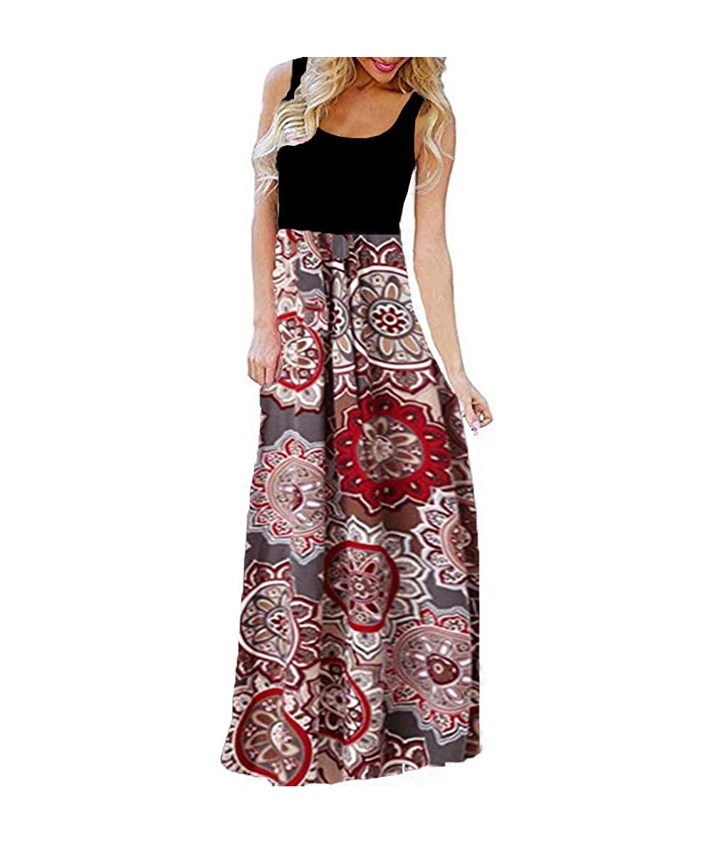 Board Shorts 2018 Women Sleeveless Floral Print Maxi Long Dress with Pockets O-Neck Beach - Red4 - CV18STYQQER $29.53