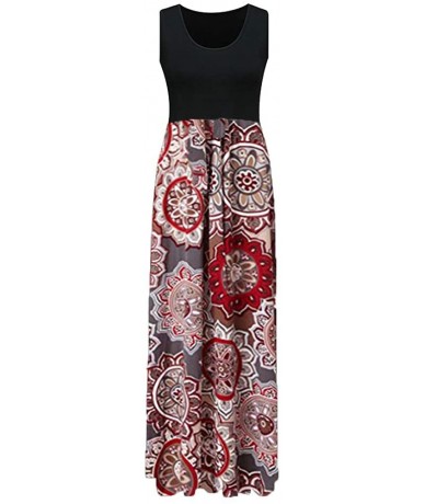 Board Shorts 2018 Women Sleeveless Floral Print Maxi Long Dress with Pockets O-Neck Beach - Red4 - CV18STYQQER $29.53