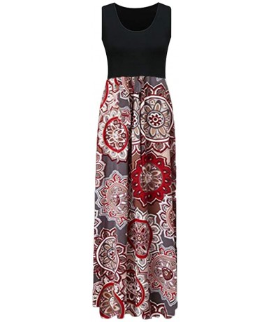 Board Shorts 2018 Women Sleeveless Floral Print Maxi Long Dress with Pockets O-Neck Beach - Red4 - CV18STYQQER $29.53