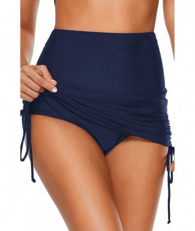 Bottoms Women's Solid Ruched Swim Skirt Skirted High Waisted Bikini Swimsuit Bottom - Navy Blue-1 - CK1938IDM39 $32.35