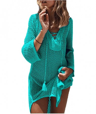 Cover-Ups Beach Swimsuit for Women Sleeve Coverups Bikini Cover Up Lace-up Net - Net Lake Green - C2195KTWH79 $31.12