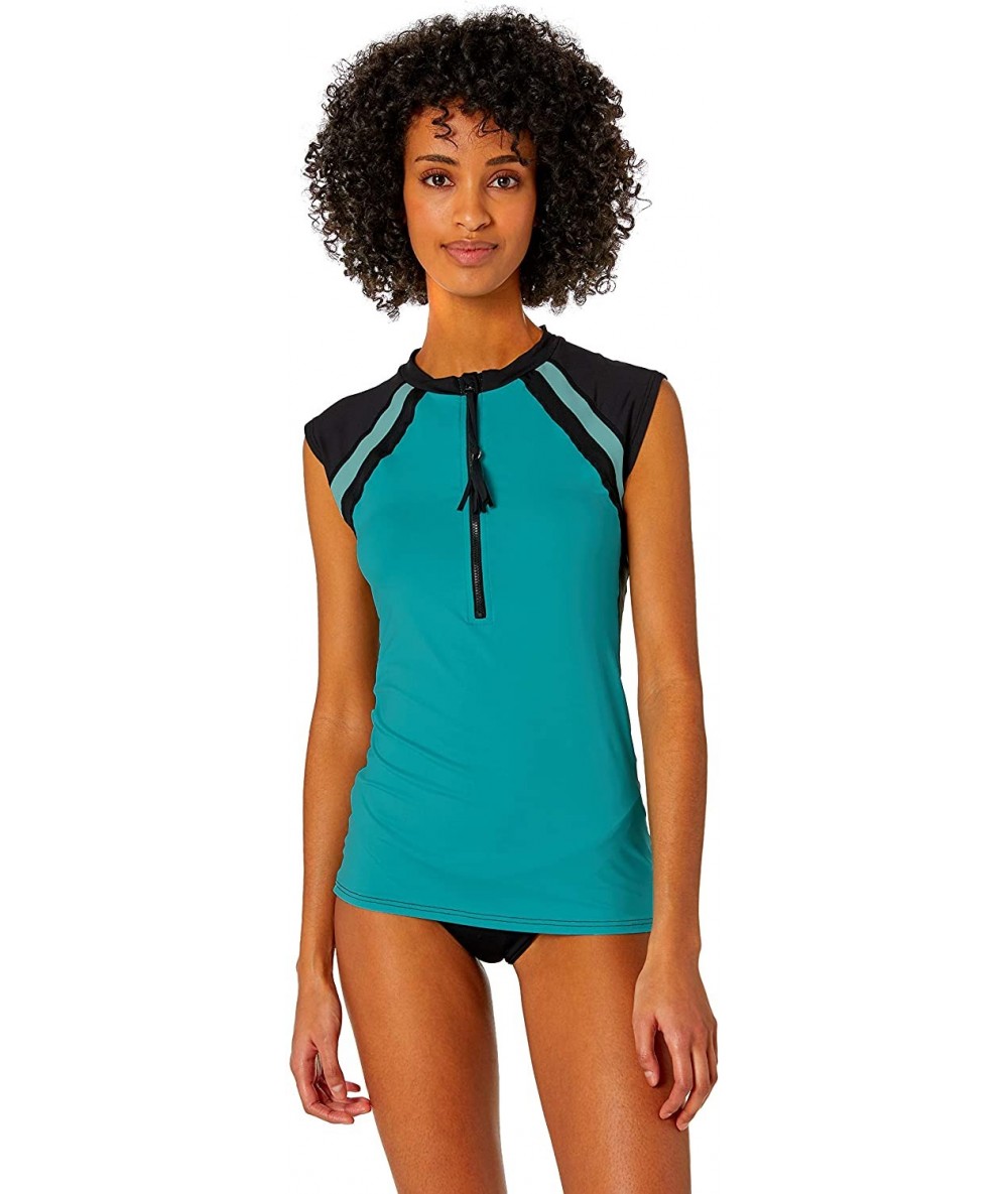 Rash Guards Women's Short Sleeve Sun Guard Swimsuit Top - Front Hunter Caribe Aqua - CH18HTI365Q $85.41