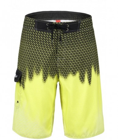 Board Shorts Men's Quick Dry Wave Pattern with Mesh Lining Board Shorts - Anilox Yellow - C1182WE3KEY $34.67