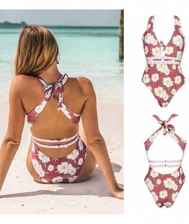 One-Pieces Women Deep V Neck Lace Up One-Piece Swimwear Backless Swimsuit High Cut Beach Bathing Suit - Pink - CB18RD7DWUT $3...