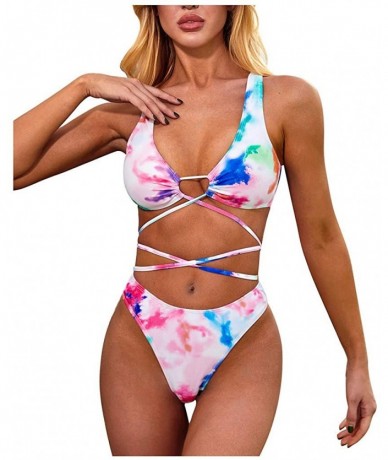 Sets Women's Sexy Tie Dye Leopard Print Brazilian Bikini High Cut Two Piece Swimsuit - D-white - CA190HYKEI0 $30.64