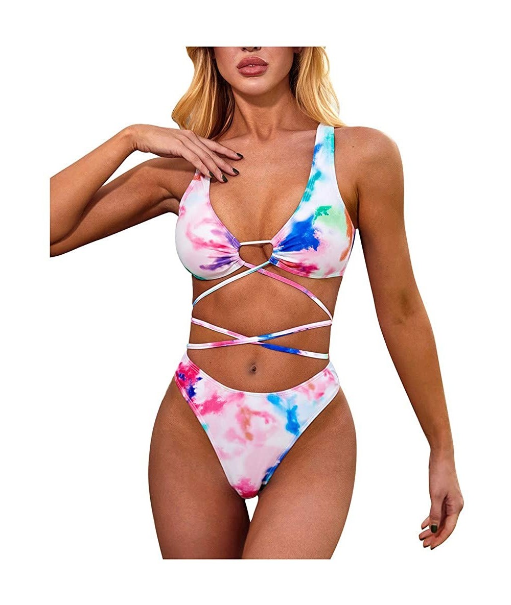 Sets Women's Sexy Tie Dye Leopard Print Brazilian Bikini High Cut Two Piece Swimsuit - D-white - CA190HYKEI0 $30.64