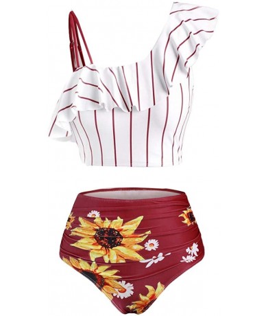 Racing Women's Striped Sunflower Print Push-Up Padded Plus Size Overlay Bikini Swimsuit Beachwear - C Wine - CL199SIZNAW $30.00