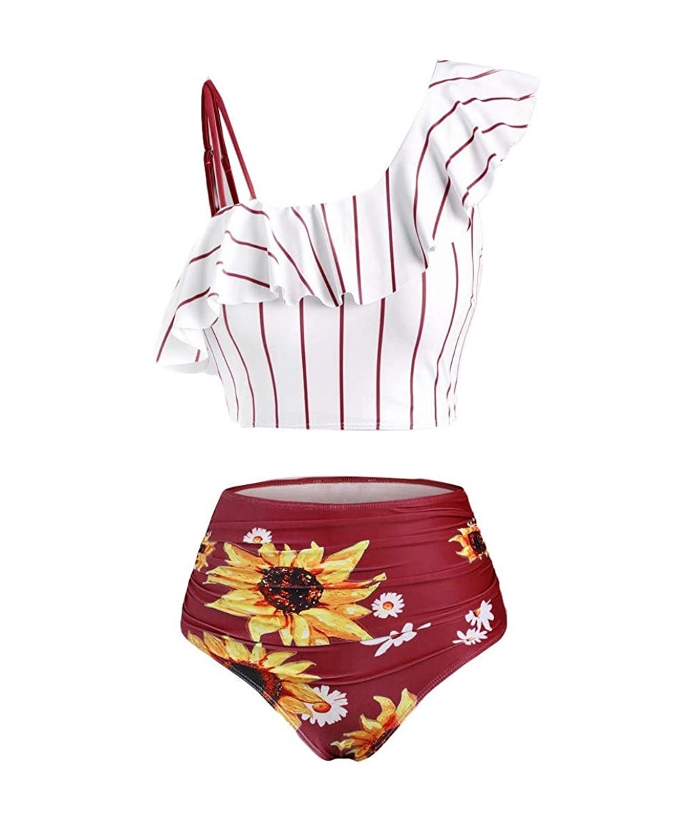 Racing Women's Striped Sunflower Print Push-Up Padded Plus Size Overlay Bikini Swimsuit Beachwear - C Wine - CL199SIZNAW $30.00