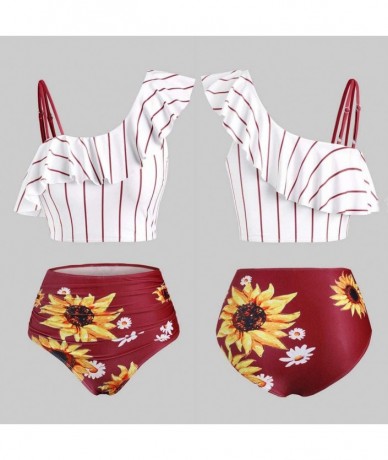 Racing Women's Striped Sunflower Print Push-Up Padded Plus Size Overlay Bikini Swimsuit Beachwear - C Wine - CL199SIZNAW $30.00