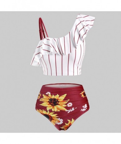 Racing Women's Striped Sunflower Print Push-Up Padded Plus Size Overlay Bikini Swimsuit Beachwear - C Wine - CL199SIZNAW $30.00