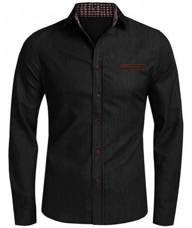 Rash Guards Long Sleeve Shirts- Men's Casual Button Trun-Down Collar Denim Tops Blouse - Black - CW18XSLANLA $40.71