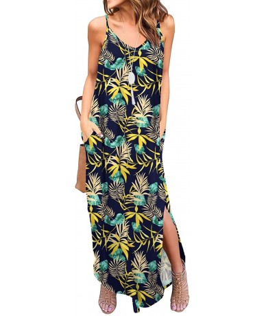 Cover-Ups Women's Summer Casual Loose Dress Beach Cover Up Long Cami Maxi Dresses with Pocket - 27 Yellow Leaf-navy - CB196EL...