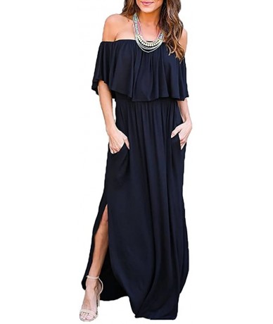 Cover-Ups Womens Off The Shoulder Ruffle Party Dresses Side Split Beach Maxi Dress - 04 Navy Blue - CU18DAMQXC4 $52.98