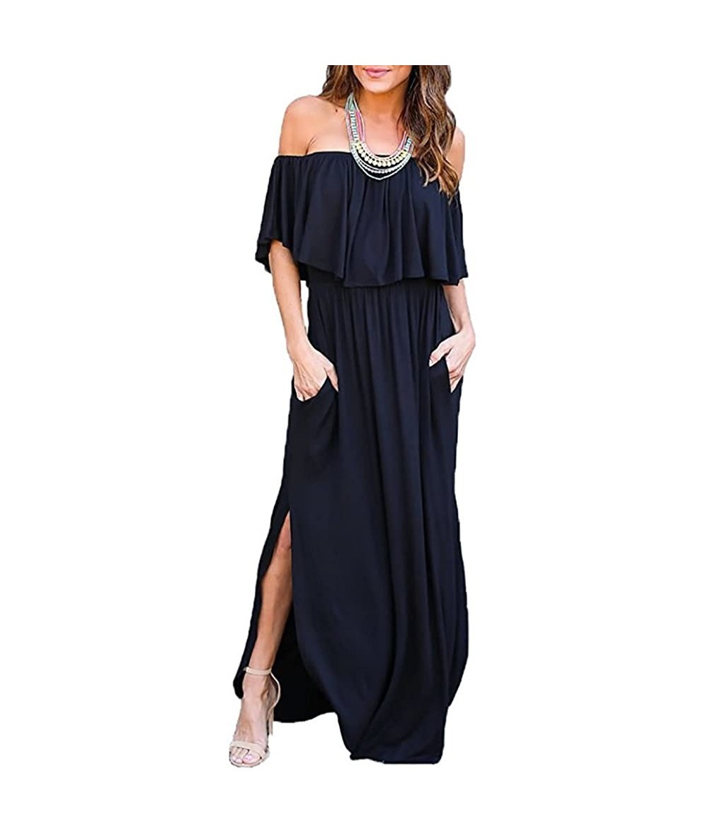 Cover-Ups Womens Off The Shoulder Ruffle Party Dresses Side Split Beach Maxi Dress - 04 Navy Blue - CU18DAMQXC4 $52.98