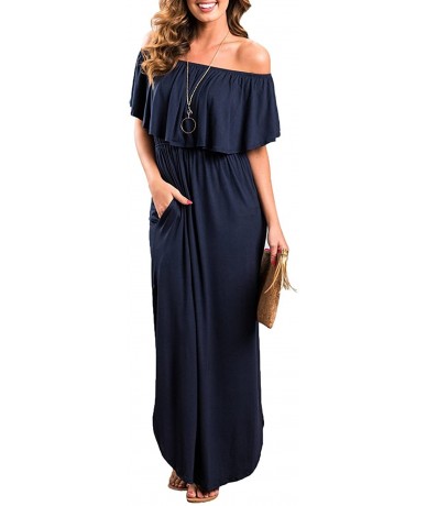 Cover-Ups Womens Off The Shoulder Ruffle Party Dresses Side Split Beach Maxi Dress - 04 Navy Blue - CU18DAMQXC4 $52.98