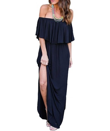 Cover-Ups Womens Off The Shoulder Ruffle Party Dresses Side Split Beach Maxi Dress - 04 Navy Blue - CU18DAMQXC4 $52.98