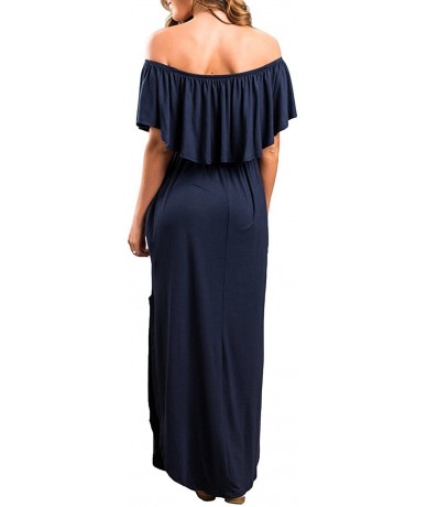 Cover-Ups Womens Off The Shoulder Ruffle Party Dresses Side Split Beach Maxi Dress - 04 Navy Blue - CU18DAMQXC4 $52.98