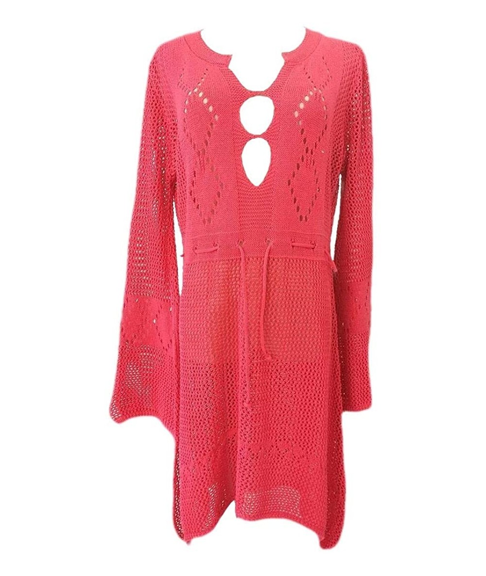 Cover-Ups Womens Knitting Hollow UPF50+ Loose Solid Flare Sleeve Beach Cover Up Dress - Watermelon Red - C9199EY4UD9 $58.18