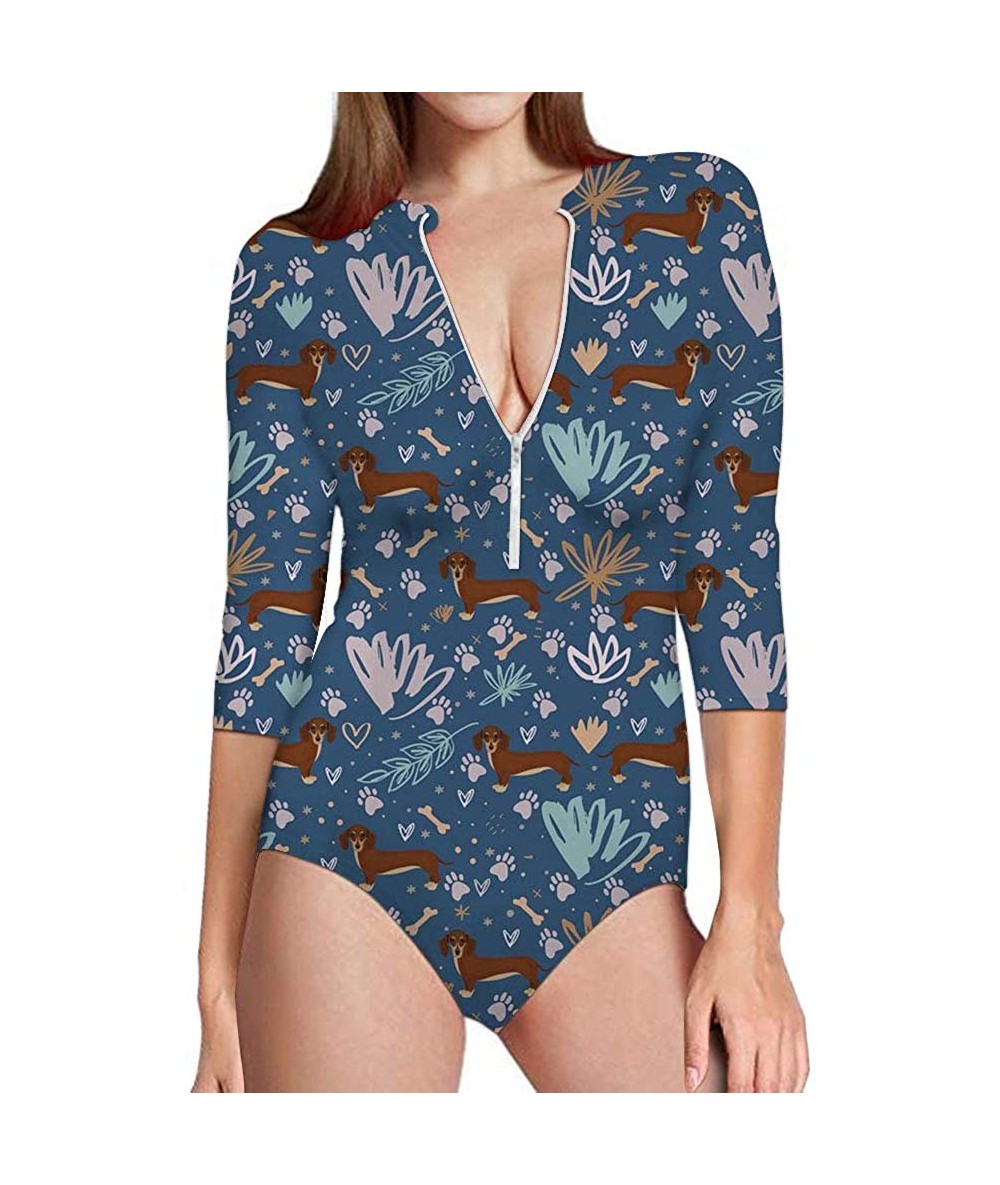 Racing Sexy Womens Zip Front Rashguard 3/4 Sleeve Swimsuit Sun Protection Beachwear - Playful Dachshund - C318R7D0EWW $58.70