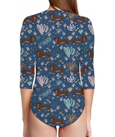 Racing Sexy Womens Zip Front Rashguard 3/4 Sleeve Swimsuit Sun Protection Beachwear - Playful Dachshund - C318R7D0EWW $58.70