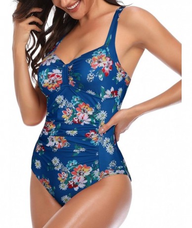 One-Pieces Women Vintage One Piece Ruched Swimsuits Tummy Control Bathing Suits - Blue Flower - CS18YYMXLM4 $49.37