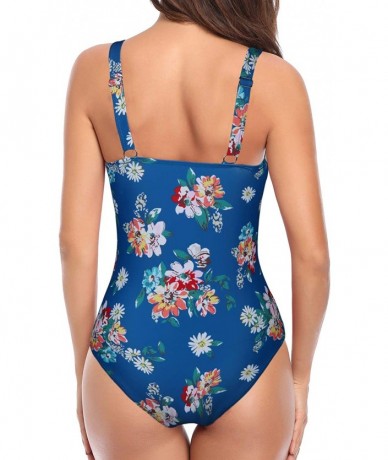 One-Pieces Women Vintage One Piece Ruched Swimsuits Tummy Control Bathing Suits - Blue Flower - CS18YYMXLM4 $49.37