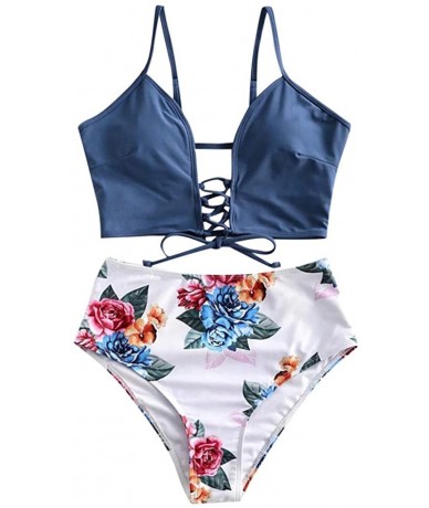 Sets Women's Sexy Mid Waisted Bikini Set Lace Up Two Piece Swimsuits - Blue B - CO196DGUKZX $29.04