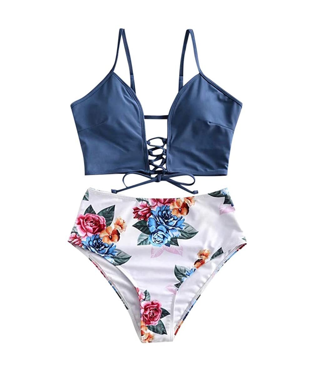 Sets Women's Sexy Mid Waisted Bikini Set Lace Up Two Piece Swimsuits - Blue B - CO196DGUKZX $29.04