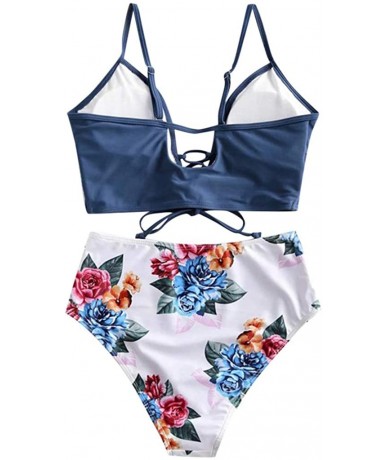 Sets Women's Sexy Mid Waisted Bikini Set Lace Up Two Piece Swimsuits - Blue B - CO196DGUKZX $29.04